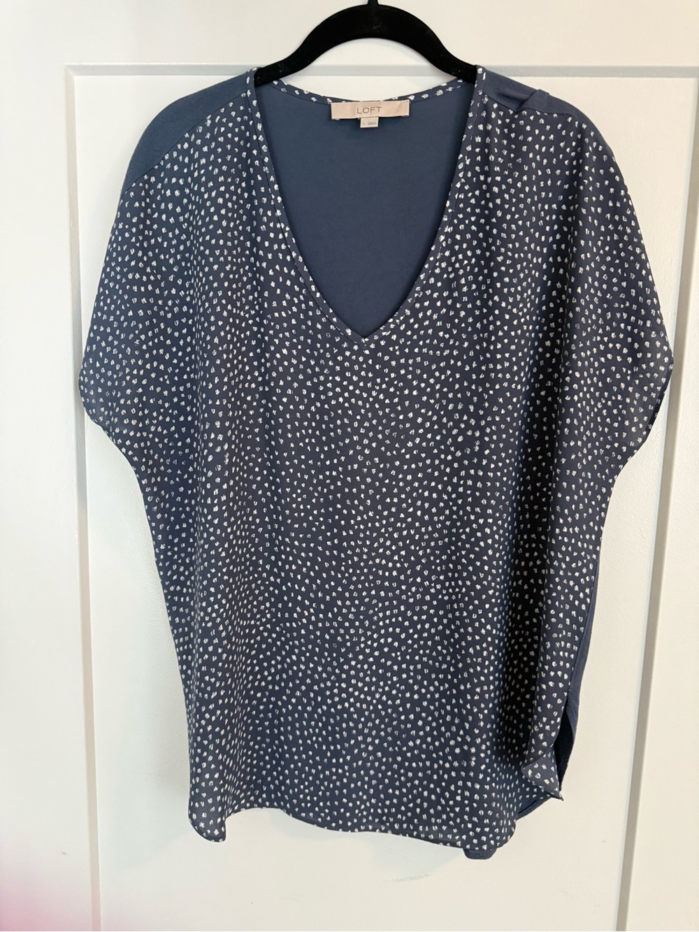 LOFT Slate Blue V-Neck Top with White Dot Print